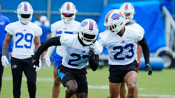 Buffalo Bills Tre’Davious White and Dane Jackson race during a drill at the practice facility on May 27, 2025.