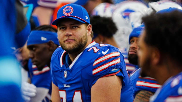 Buffalo Bills offensive tackle Ryan Van Demark (74) looks up at the Jumbotron to watch the play during second half action at the Bills home game against the New York Jets at Highmark Stadium in Orchard Park on Dec. 29, 2024. Buffalo Bills offensive tackle Ryan Van Demark (74) looks up at the Jumbotron to watch the play during second half action at the Bills home game against the New York Jets at Highmark Stadium in Orchard Park on Dec. 29, 2024.