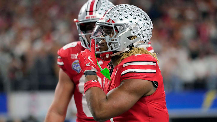 Ohio State Buckeyes running back Quinshon Judkins celebrates his touchdown run against Texas Longhorns