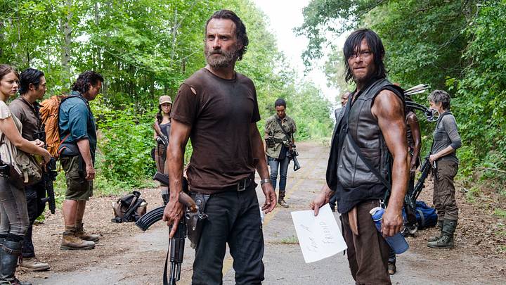 Lauren Cohan as Maggie Greene, Steven Yeun as Glenn Rhee, Josh McDermitt as Dr. Eugene Porter, Christian Serratos as Rosita Espinosa, Andrew Lincoln as Rick Grimes, Sonequa Martin-Green as Sasha, Norman Reedus as Daryl Dixon and Melissa McBride as Carol Peletier – The Walking Dead _ Season 5, Episode 10 – Photo Credit: Gene Page/AMC Lauren Cohan as Maggie Greene, Steven Yeun as Glenn Rhee, Josh McDermitt as Dr. Eugene Porter, Christian Serratos as Rosita Espinosa, Andrew Lincoln as Rick Grimes, Sonequa Martin-Green as Sasha, Norman Reedus as Daryl Dixon and Melissa McBride as Carol Peletier – The Walking Dead _ Season 5, Episode 10 – Photo Credit: Gene Page/AMC