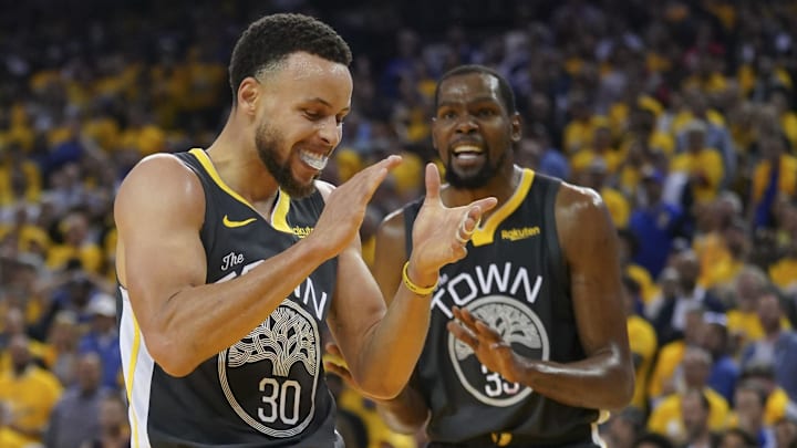 April 30, 2019; Oakland, CA, USA; Golden State Warriors guard Stephen Curry (30) and forward Kevin Durant (35) react against the Houston Rockets during the second quarter in game two of the second round of the 2019 NBA Playoffs at Oracle Arena. Mandatory Credit: Kyle Terada-Imagn Images April 30, 2019; Oakland, CA, USA; Golden State Warriors guard Stephen Curry (30) and forward Kevin Durant (35) react against the Houston Rockets during the second quarter in game two of the second round of the 2019 NBA Playoffs at Oracle Arena. Mandatory Credit: Kyle Terada-Imagn Images