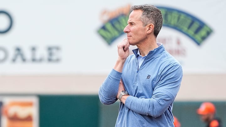 Detroit Tigers owner Chris Ilitch watches workout during spring training at Joker Marchant Stadiumin Lakeland, Fla. on Thursday, Feb. 20, 2025.