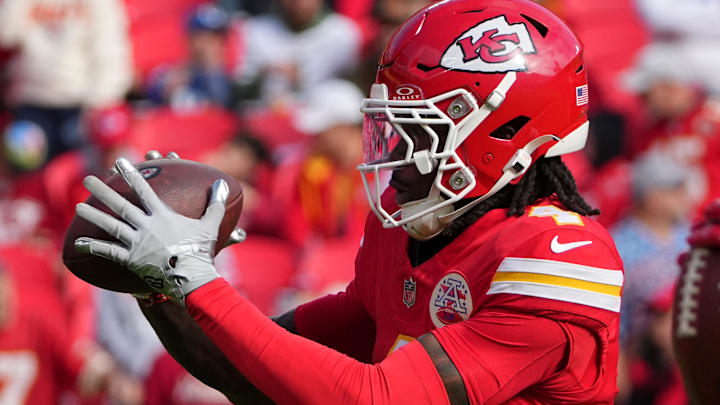 Nov 23, 2025; Kansas City, Missouri, USA;  Kansas City Chiefs wide receiver Rashee Rice (4) warms up before the game against the Indianapolis Colts at GEHA Field at Arrowhead Stadium.