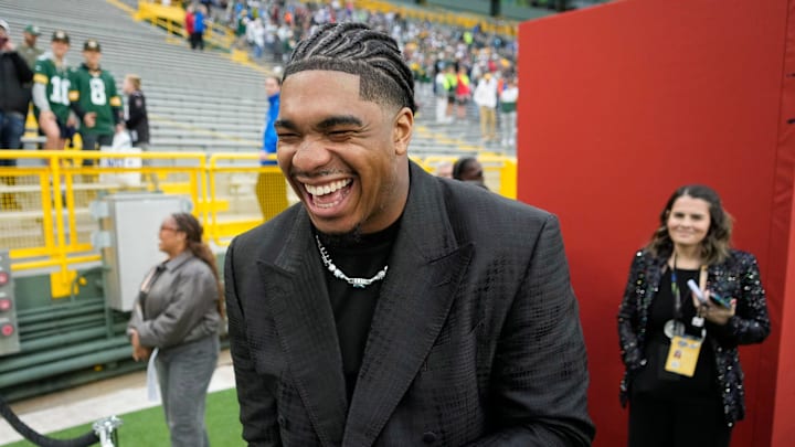 NFL draft prospect, Jihaad Campbell of Alabama, laughs with a reporter during the NFL Draft Red Carpet event at Lambeau Field in Green Bay on Thursday, April 24, 2025.