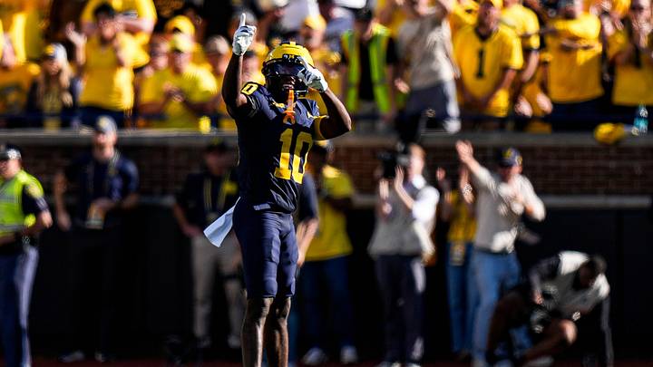 Michigan cornerback Zeke Berry (10) celebrates a play against Iowa during the first half at Michigan Stadium in Ann Arbor on Saturday, Sept. 26, 2026.