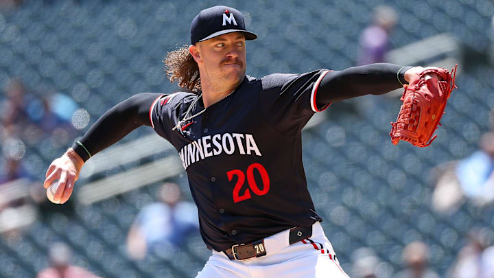 May 30, 2024; Minneapolis, Minnesota, USA; Minnesota Twins starting pitcher Chris Paddack (20) delivers a pitch against the Kansas City Royals during the first inning at Target Field. Mandatory Credit: Matt Krohn-Imagn Images