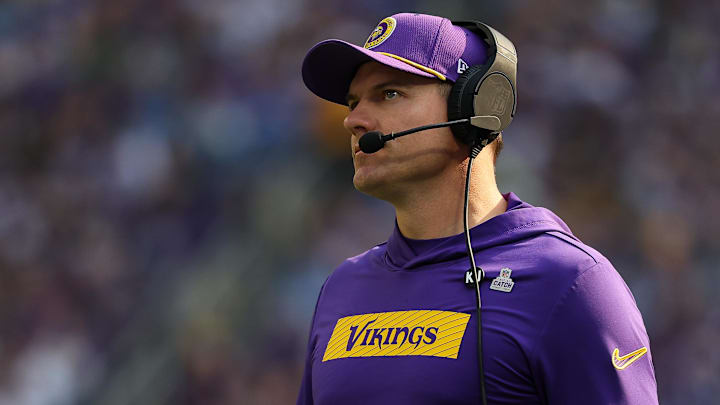 Oct 20, 2024; Minneapolis, Minnesota, USA; Minnesota Vikings head coach Kevin O'Connell looks on during the first quarter against the Detroit Lions at U.S. Bank Stadium. Oct 20, 2024; Minneapolis, Minnesota, USA; Minnesota Vikings head coach Kevin O'Connell looks on during the first quarter against the Detroit Lions at U.S. Bank Stadium.