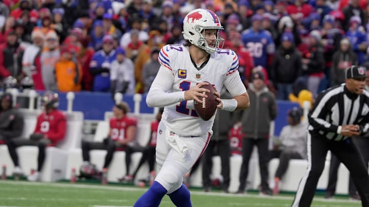 Buffalo Bills quarterback Josh Allen looks for a receiver during second half action against the Tampa Bay Buccaneers on Nov 16, 2025 at Highmark Stadium in Orchard Park. Buffalo Bills quarterback Josh Allen looks for a receiver during second half action against the Tampa Bay Buccaneers on Nov 16, 2025 at Highmark Stadium in Orchard Park.