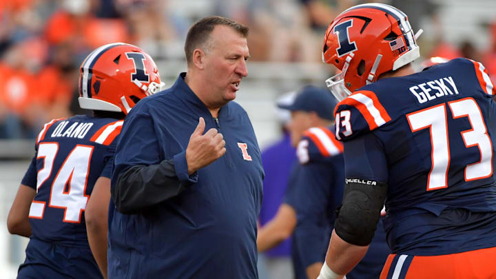 Aug 29, 2025; Champaign, Illinois, USA;  Illinois Fighting Illini head coach Bret Bielema before a game with the Western Illinois Leathernecks at  Memorial Stadium. Mandatory Credit: Ron Johnson-Imagn Images