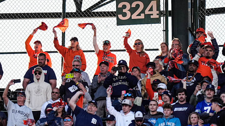 Detroit Tigers fans cheer on against Seattle Mariners during the ninth inning of ALDS Game 4 at Comerica Park in Detroit on Wednesday, Oct. 8, 2025.