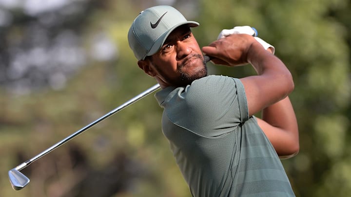 Mar 4, 2018; Mexico City, MEX; Tony Finau plays his shot from the 18th tee during the final round of