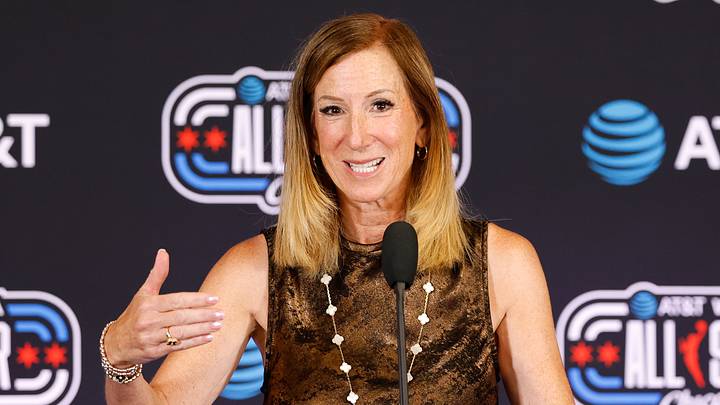 Chicago, Illinois, USA; WNBA Commissioner Cathy Engelbert speaks with media before the 2026 WNBA All Star Game at United Center on July 25, 2026.