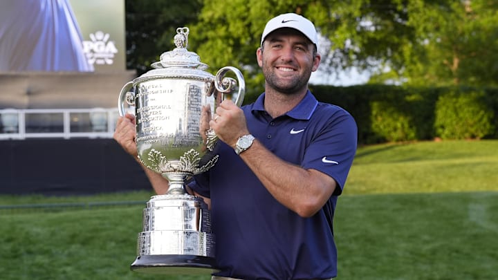 Scottie Scheffler poses for a photo with the Wanamaker Trophy after winning the PGA Championship at Quail Hollow. 