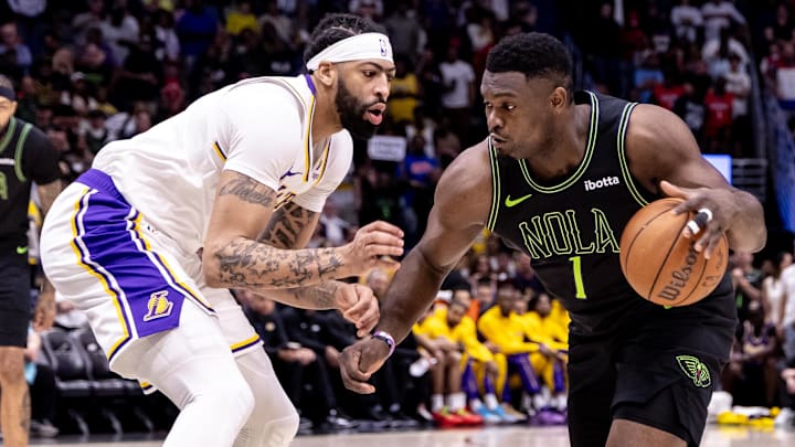 Apr 14, 2024; New Orleans, Louisiana, USA; New Orleans Pelicans forward Zion Williamson (1) dribbles