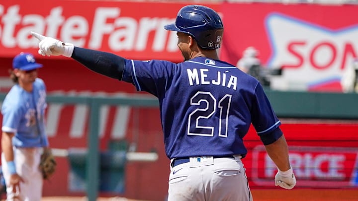 Jul 16, 2023; Kansas City, Missouri, USA; Tampa Bay Rays catcher Francisco Mejia (21) celebrates toward the dugout as he runs the bases after hitting a three run home run against the Kansas City Royals in the eighth inning at Kauffman Stadium. 