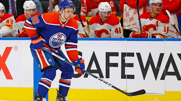 Oct 4, 2023; Edmonton, Alberta, CAN; Edmonton Oilers defensemen Philip Broberg (86) watches the play