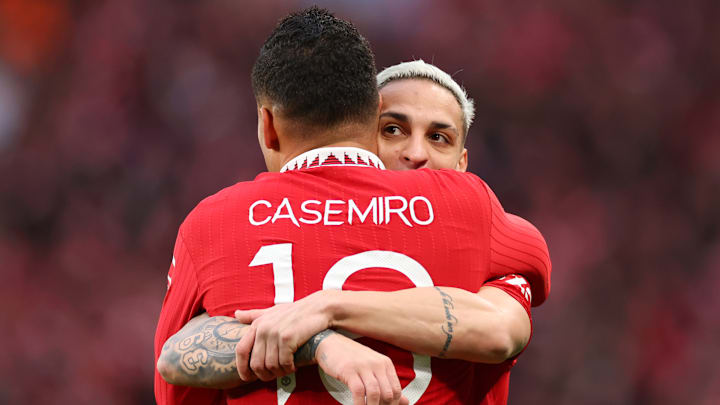 Casemiro celebrates with Antony after winning the Carabao Cup final