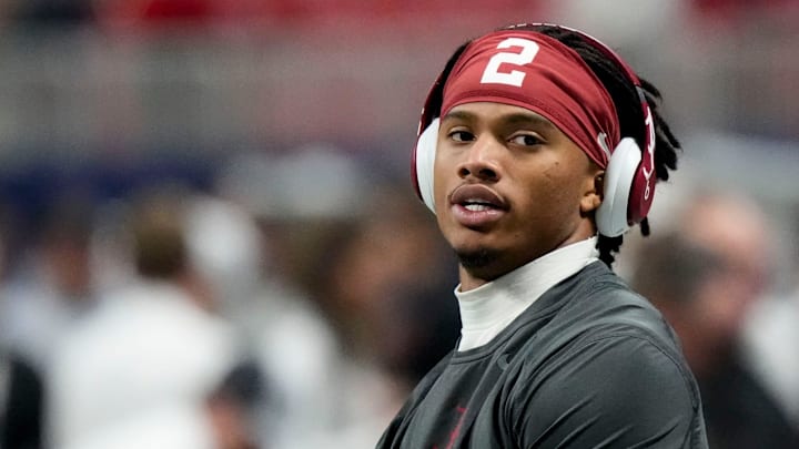 Dec 6, 2025; Atlanta, GA, USA; Alabama wide receiver Ryan Williams (2) warms up before the SEC Championship Game against Georgia at Mercedes-Benz Stadium. Mandatory Credit: Gary Cosby Jr.-Tuscaloosa News