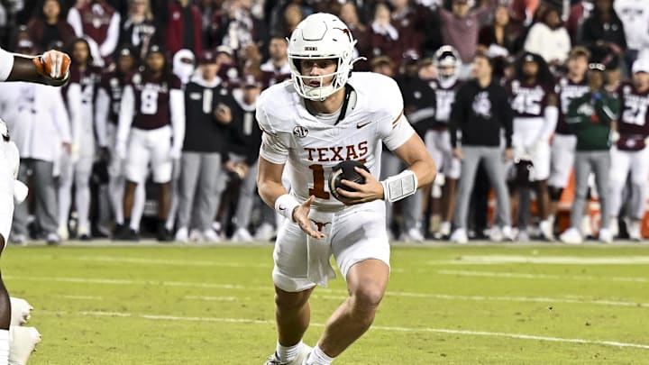 Nov 30, 2024; College Station, Texas, USA; Texas Longhorns quarterback Arch Manning (16) runs the ball during the first quarter against the Texas A&M Aggies. The Longhorns defeated the Aggies 17-7 at Kyle Field. Mandatory Credit: Maria Lysaker-Imagn Images  