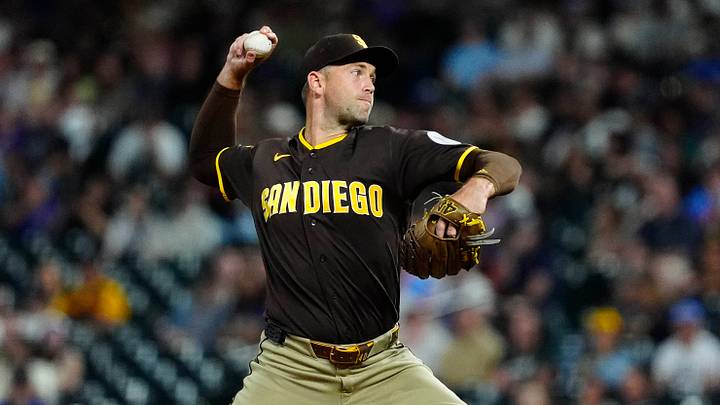 Apr 21, 2026; Denver, Colorado, USA; San Diego Padres pitcher Jason Adam (40) throws in the eighth inning against the Colorado Rockies at Coors Field. Mandatory Credit: Ron Chenoy-Imagn Images