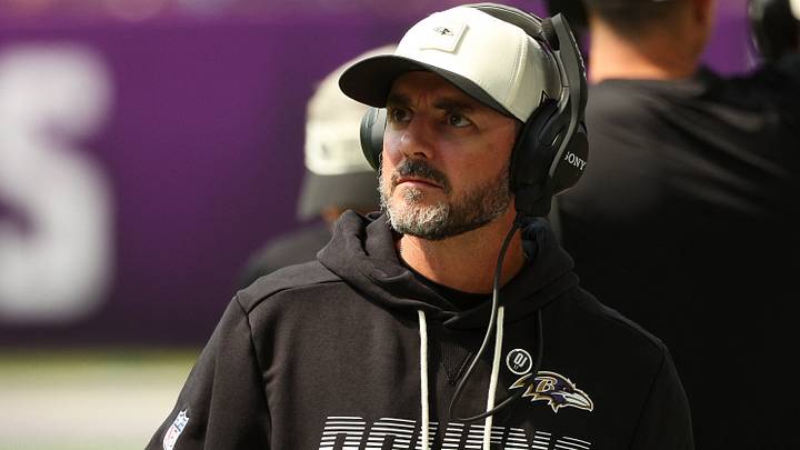 Aug 22, 2026; Minneapolis, Minnesota, USA; Baltimore Ravens head coach Jesse Minter looks on during the second half against the Minnesota Vikings at U.S. Bank Stadium. Mandatory Credit: Matt Krohn-Imagn Images