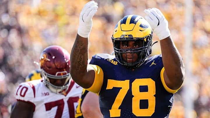 Michigan defensive lineman Kenneth Grant (78) celebrates a tackle against USC during the first half at Michigan Stadium in Ann Arbor on Saturday, Sept. 21, 2024.