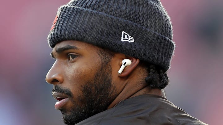 Cleveland Browns quarterback Shedeur Sanders (12) takes the field before an NFL football game at Huntington Bank Field, Dec. 21, 2025, in Cleveland, Ohio.