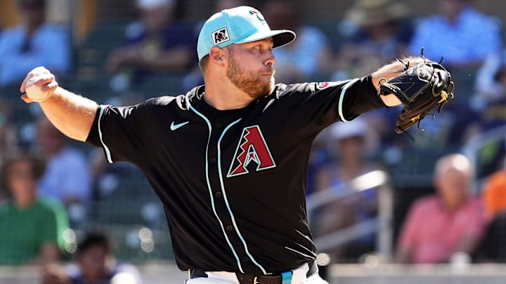 Arizona Diamondbacks pitcher Corbin Burnes throws to the Milwaukee Brewers in the second inning of a spring training game on Feb. 26, 2025, in Scottsdale at Salt River Fields at Talking Stick.