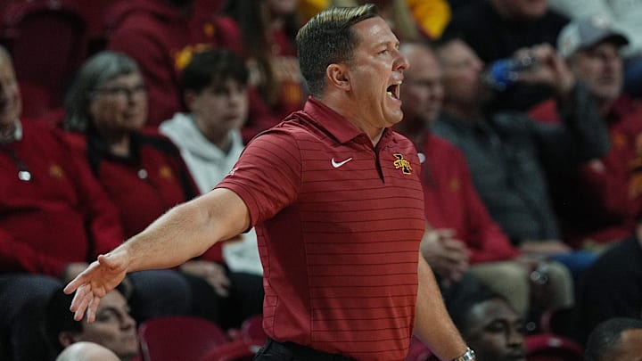 Iowa State Cyclones men's basketball head coach T.J. Otzelberger calls a play from the bench against Alcorn State Braves during the first half on Dec. 3, 2025, at Hilton Coliseum, in Ames, Iowa.