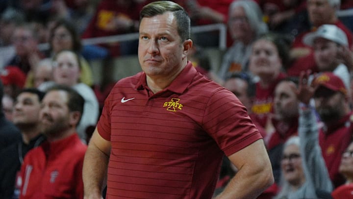 Iowa State Cyclones men's basketball head coach T.J. Otzelberger watches the game from the bench during the second half in the Big-12 conference men’s basketball against Texas Tech on Feb. 28, 2026, at Hilton Coliseum in Ames, Iowa.