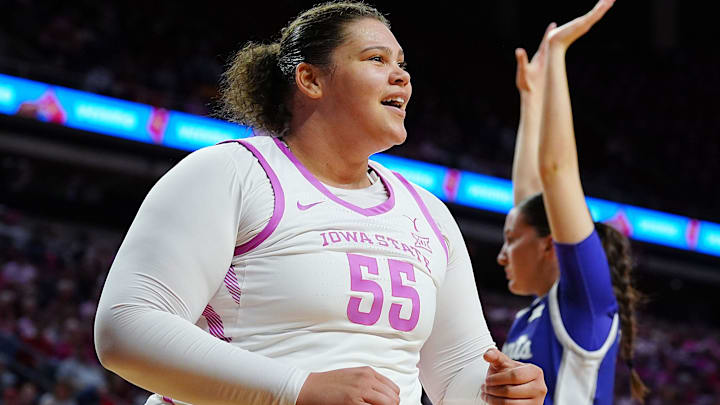 Iowa State Cyclones' center Audi Crooks (55) reacts after a score against Kansas State during the second quarter in the Big-12 conference women’s basketball on Feb. 15, 2026, at Hilton Coliseum, in Ames, Iowa.