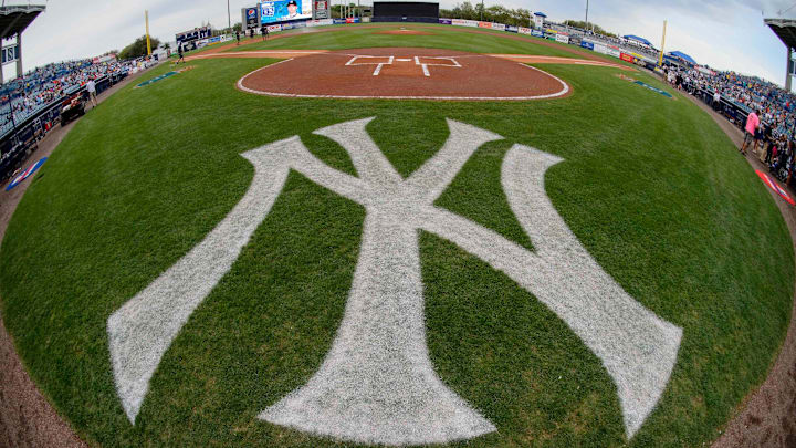 Mar 18, 2016; Tampa, FL, USA; A view of the field and the New York Yankees logo before the game between the Yankees and the Baltimore Orioles at George M. Steinbrenner Field. The Orioles defeat the Yankees 11-2. Mandatory Credit: Jerome Miron-Imagn Images