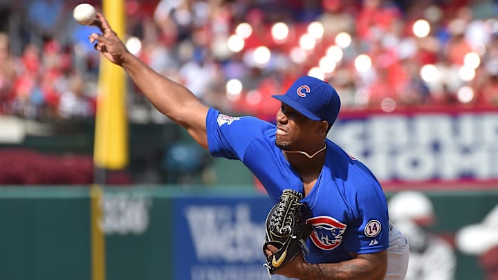 Sep 9, 2015; St. Louis, MO, USA; Chicago Cubs relief pitcher Pedro Strop (46) delivers a pitch against the St. Louis Cardinals at Busch Stadium. Mandatory Credit: Jasen Vinlove-Imagn Images Sep 9, 2015; St. Louis, MO, USA; Chicago Cubs relief pitcher Pedro Strop (46) delivers a pitch against the St. Louis Cardinals at Busch Stadium. Mandatory Credit: Jasen Vinlove-Imagn Images