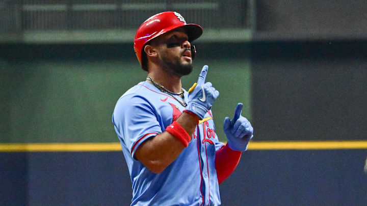 Sep 13, 2025; Milwaukee, Wisconsin, USA; St. Louis Cardinals designated hitter Ivan Herrera (48) reacts after hitting a solo home run against the Milwaukee Brewers in the first inning at American Family Field. Mandatory Credit: Benny Sieu-Imagn Images