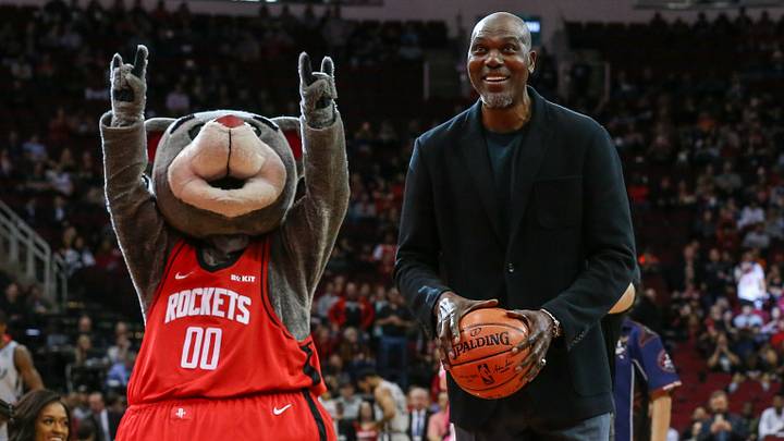 Dec 16, 2019; Houston, TX, USA; Houston Rockets former player and NBA Hall of Fame member Hakeem Olajuwon attempts a ceremonial free throw before a game against the San Antonio Spurs at Toyota Center. Mandatory Credit: Troy Taormina-USA TODAY Sports