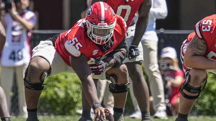 Apr 13, 2024; Athens, GA, USA; Georgia Bulldogs center Jared Wilson (55) prepares to snap the ball during the G-Day Game at Sanford Stadium. Mandatory Credit: Dale Zanine-Imagn Images