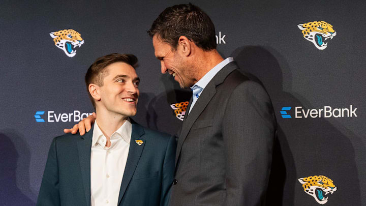 The Jacksonville Jaguars introduce General Manager James Gladstone, left, Monday morning February 24, 2025 at the Miller Electric Center in Jacksonville, Fla. He has a laugh with Executive Vice President of Football Operations Tony Boselli, right, after the press conference. [Doug Engle/Florida Times-Union]2025