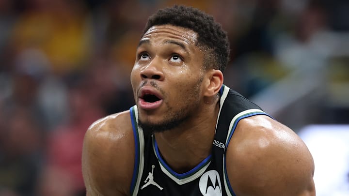 Giannis Atentokounmpo #34 of the Milwaukee Bucks looks on against the Indiana Pacers in Game 2 of their Eastern Conference Playoff series.
