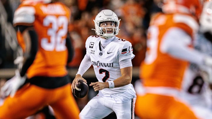 Oct 18, 2025; Stillwater, Oklahoma, USA; Cincinnati Bearcats quarterback Brendan Sorsby (2) looks to pass during the first half against the Oklahoma State Cowboys  at Boone Pickens Stadium. Mandatory Credit: William Purnell-Imagn Images