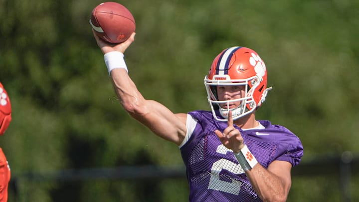 Clemson quarterback Cade Klubnik (2) passes during Clemson football first fall 2025 practice at the Allen N. Reeves Football Complex in Clemson, S.C. Thursday, July 31, 2025.