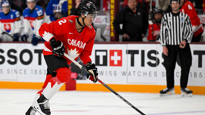 Jan 2, 2026; Minneapolis, Minnesota, USA; Canada defensemen Kashawn Aitcheson (2) controls the puck against Slovakia during the second period in the quarterfinals of the 2026 IIHF World Junior Championship at 3M Arena. Mandatory Credit: Nick Wosika-Imagn Images Jan 2, 2026; Minneapolis, Minnesota, USA; Canada defensemen Kashawn Aitcheson (2) controls the puck against Slovakia during the second period in the quarterfinals of the 2026 IIHF World Junior Championship at 3M Arena. Mandatory Credit: Nick Wosika-Imagn Images