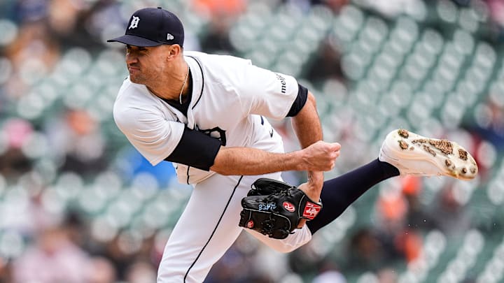 Detroit Tigers pitcher Jack Flaherty (9) throws New York Yankees during the second inning at Comerica Park in Detroit on Wednesday, April 9, 2025.