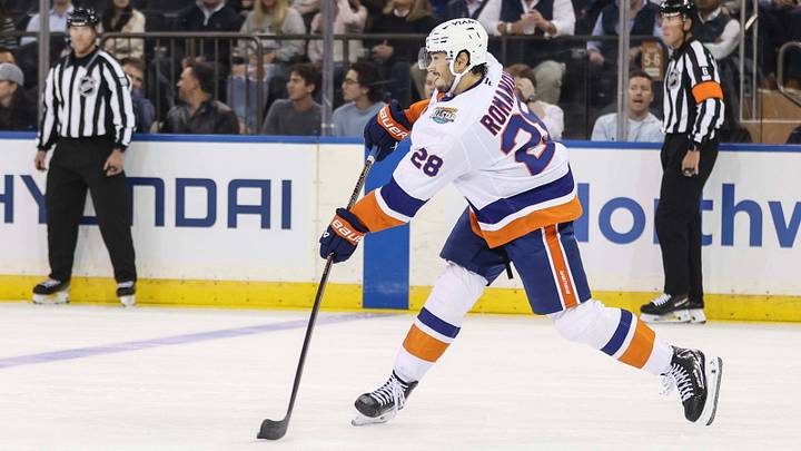 Oct 6, 2026; New York, New York, USA; New York Islanders defenseman Alexander Romanov (28) passes the puck in the first period against the New York Rangers at Madison Square Garden. Mandatory Credit: Wendell Cruz-Imagn Images Oct 6, 2026; New York, New York, USA; New York Islanders defenseman Alexander Romanov (28) passes the puck in the first period against the New York Rangers at Madison Square Garden. Mandatory Credit: Wendell Cruz-Imagn Images