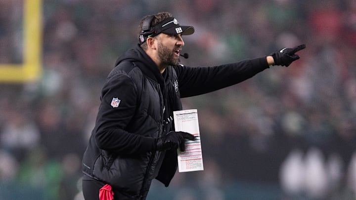 Dec 3, 2023; Philadelphia, Pennsylvania, USA; Philadelphia Eagles head coach Nick Sirianni reacts