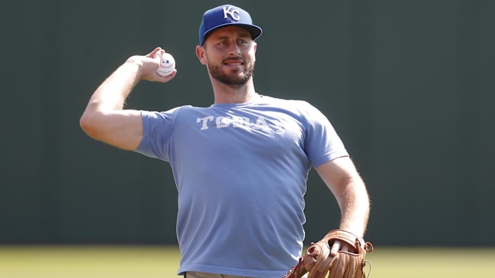 Sep 14, 2024; Pittsburgh, Pennsylvania, USA; Kansas City Royals infielder Paul DeJong (15) warms up before a game against the Pittsburgh Pirates at PNC Park