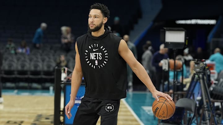 Jan 29, 2025; Charlotte, North Carolina, USA; Brooklyn Nets guard Ben Simmons (10) during pre game warm ups against the Charlotte Hornets at Spectrum Center. Mandatory Credit: Jim Dedmon-Imagn Images