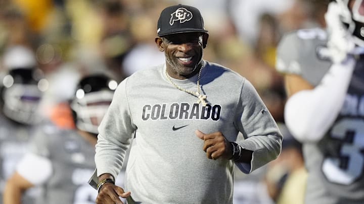 Sep 27, 2025; Boulder, Colorado, USA; Colorado Buffaloes head coach Deion Sanders reacts before the game against the Brigham Young Cougars at Folsom Field. Mandatory Credit: Ron Chenoy-Imagn Images