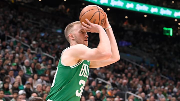 Apr 5, 2024; Boston, Massachusetts, USA; Boston Celtics forward Sam Hauser (30) shoots the ball against the Sacramento Kings 0during the first half at TD Garden. Mandatory Credit: Eric Canha-Imagn Images Apr 5, 2024; Boston, Massachusetts, USA; Boston Celtics forward Sam Hauser (30) shoots the ball against the Sacramento Kings 0during the first half at TD Garden. Mandatory Credit: Eric Canha-Imagn Images