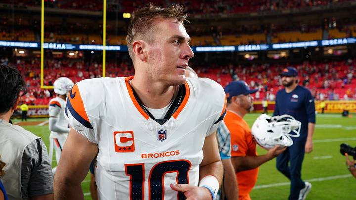 Sep 14, 2026; Kansas City, Missouri, USA; Denver Broncos quarterback Bo Nix (10) reacts after the game against the Kansas City Chiefs at GEHA Field at Arrowhead Stadium. Sep 14, 2026; Kansas City, Missouri, USA; Denver Broncos quarterback Bo Nix (10) reacts after the game against the Kansas City Chiefs at GEHA Field at Arrowhead Stadium.