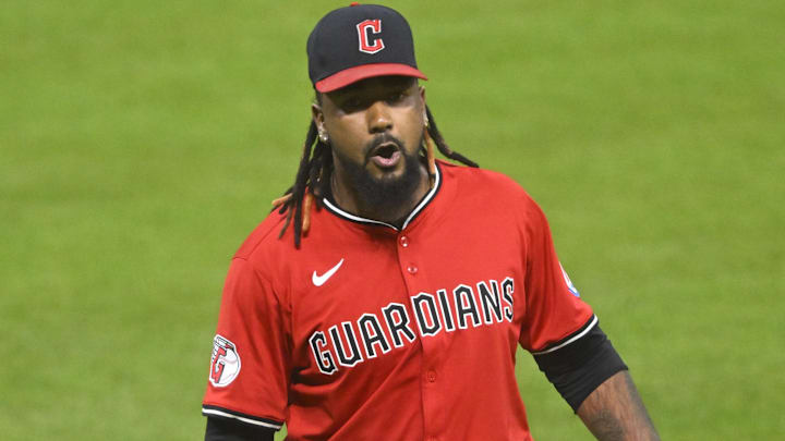Jul 22, 2025; Cleveland, Ohio, USA; Cleveland Guardians relief pitcher Emmanuel Clase (48) reacts after a win over the Baltimore Orioles at Progressive Field. Mandatory Credit: David Richard-Imagn Images